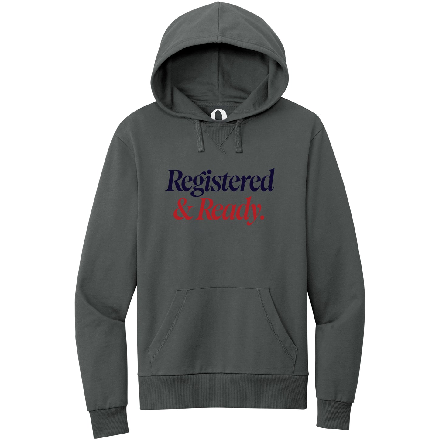 "Registered & Ready." Quorum Pullover Hoodie front print in Terrain Grey