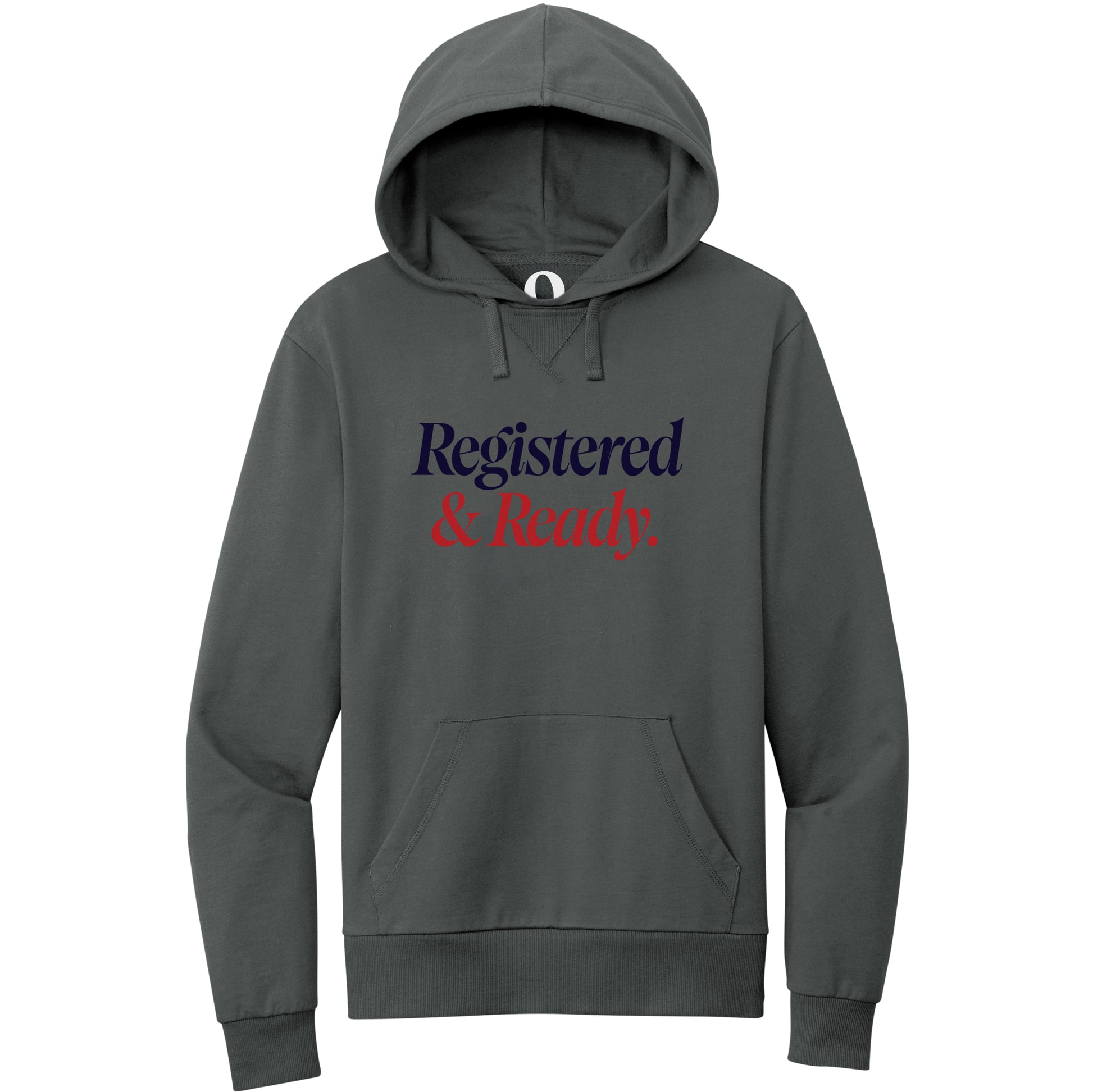 "Registered & Ready." Quorum Pullover Hoodie front print in Terrain Grey