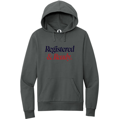 "Registered & Ready." Quorum Pullover Hoodie front print in Terrain Grey