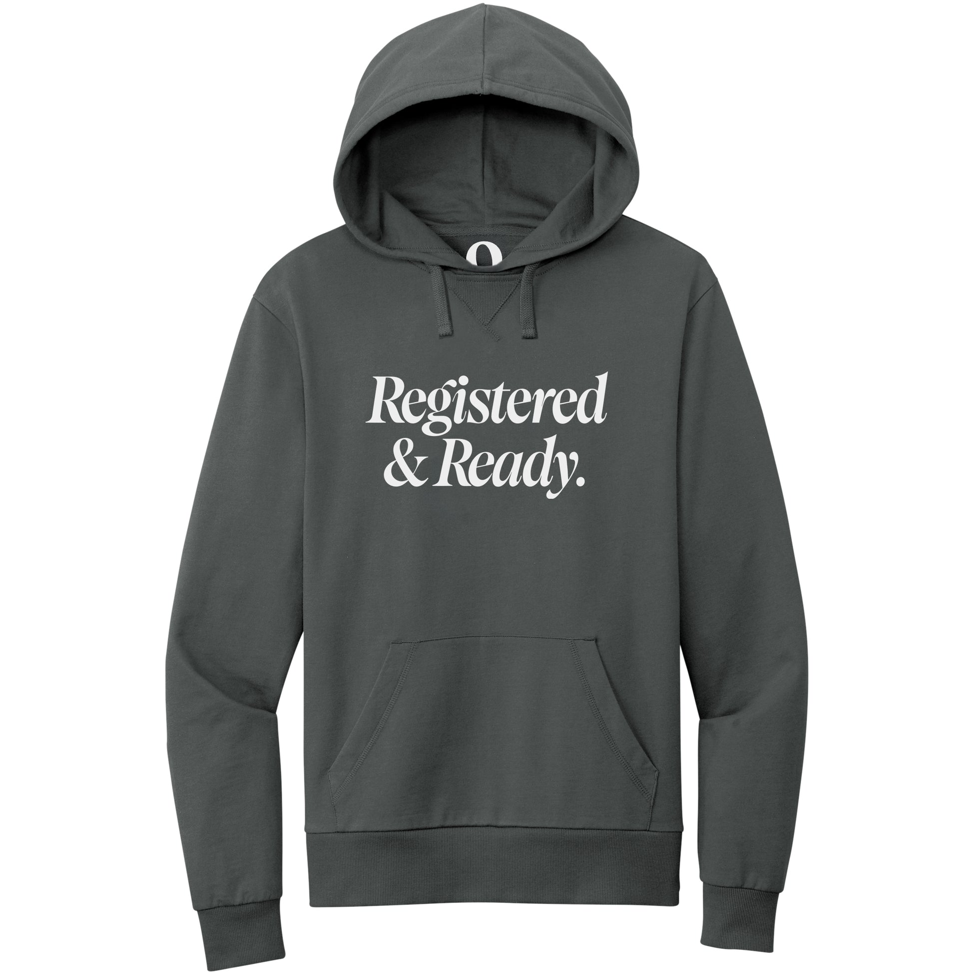"Registered & Ready." Quorum Pullover Hoodie editorial print in Terrain Grey