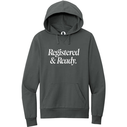"Registered & Ready." Quorum Pullover Hoodie editorial print in Terrain Grey