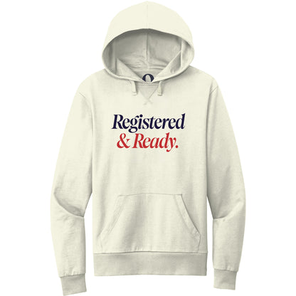 "Registered & Ready." Quorum Pullover Hoodie front print in White Sand