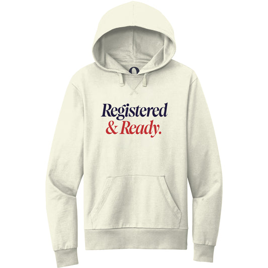 "Registered & Ready." Quorum Pullover Hoodie front print in White Sand