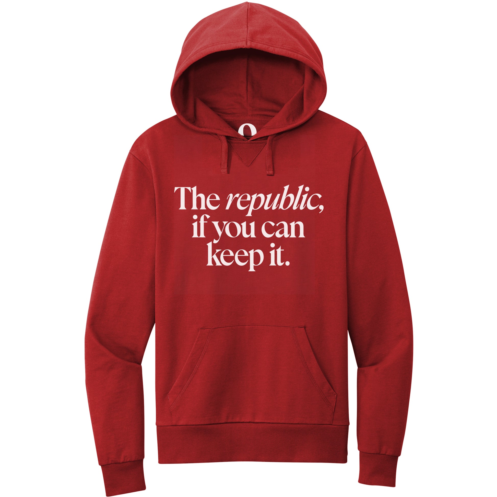 "The republic, if you can keep it." Quorum Pullover Hoodie editorial print in Revolution Red