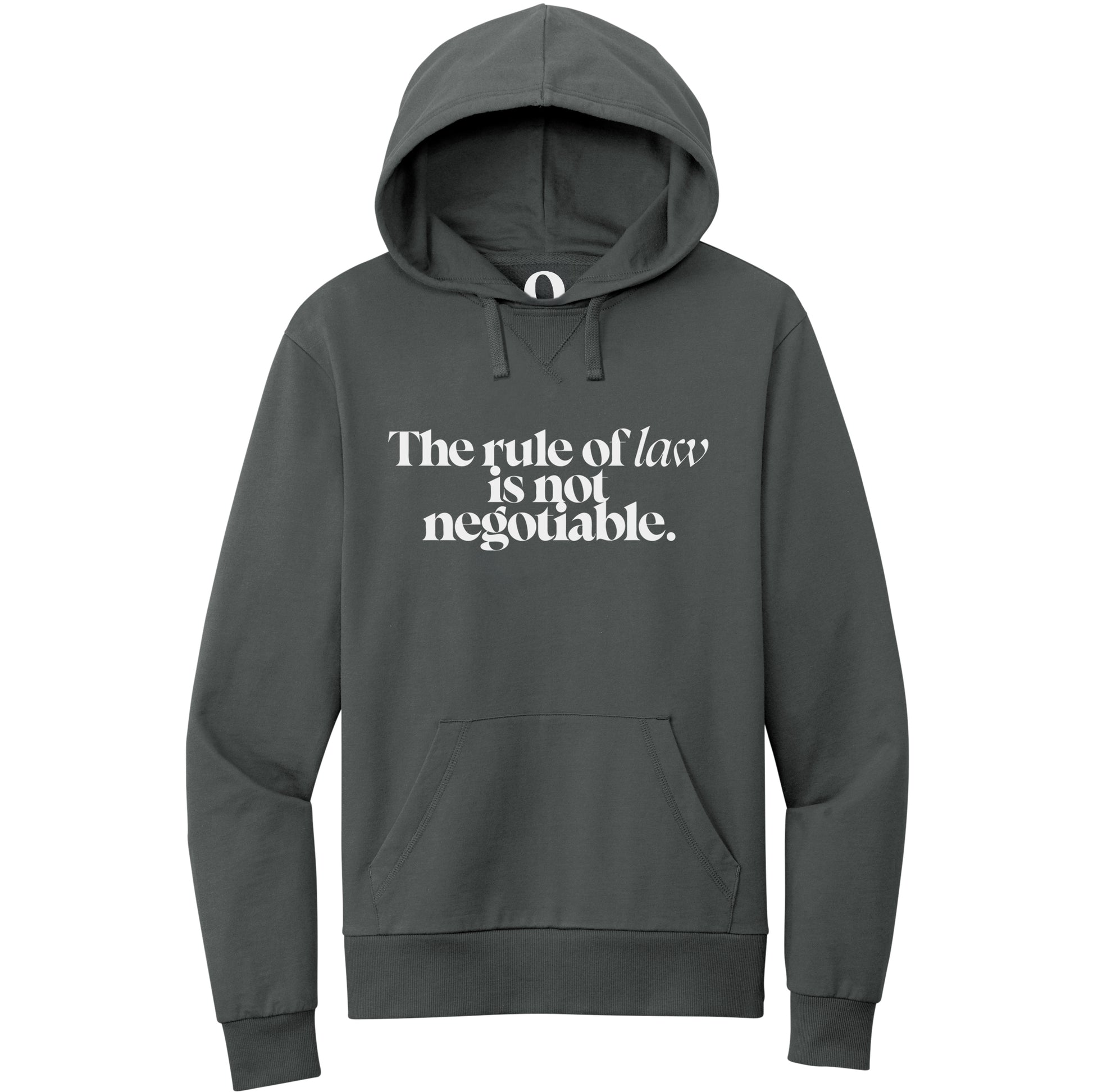 "The rule of law is not negotiable." Quorum Pullover Hoodie editorial print in Terrain Grey