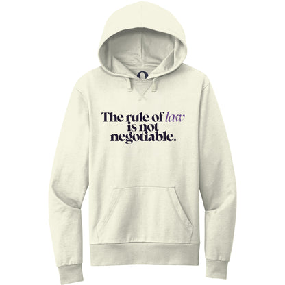 "The rule of law is not negotiable." Quorum Pullover Hoodie front print in White Sand