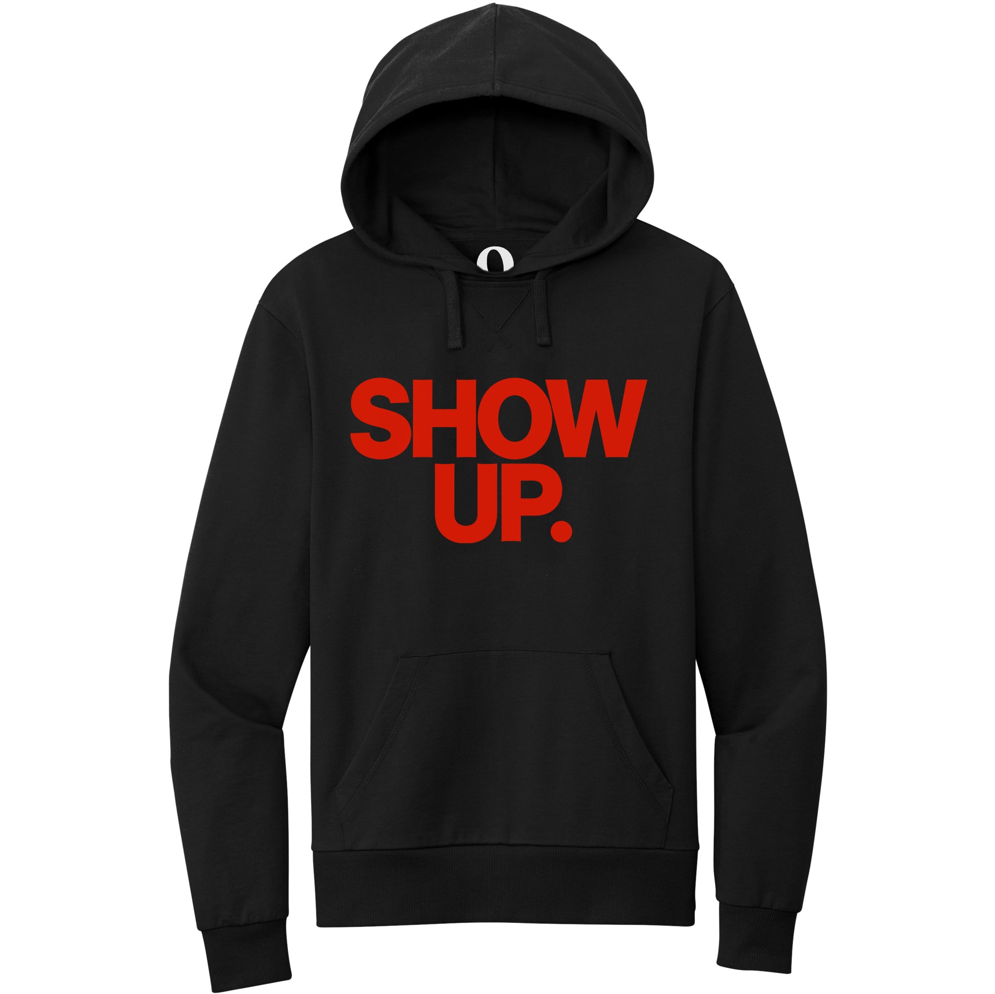"Show up. Stand up. Suit up." Quorum Pullover Hoodie front print in Deep Black