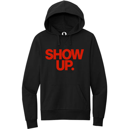 "Show up. Stand up. Suit up." Quorum Pullover Hoodie front print in Deep Black