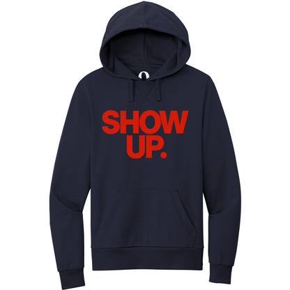 "Show up. Stand up. Suit up." Quorum Pullover Hoodie front print in Night Sky Navy
