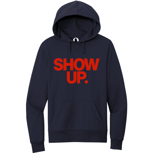 "Show up. Stand up. Suit up." Quorum Pullover Hoodie front print in Night Sky Navy