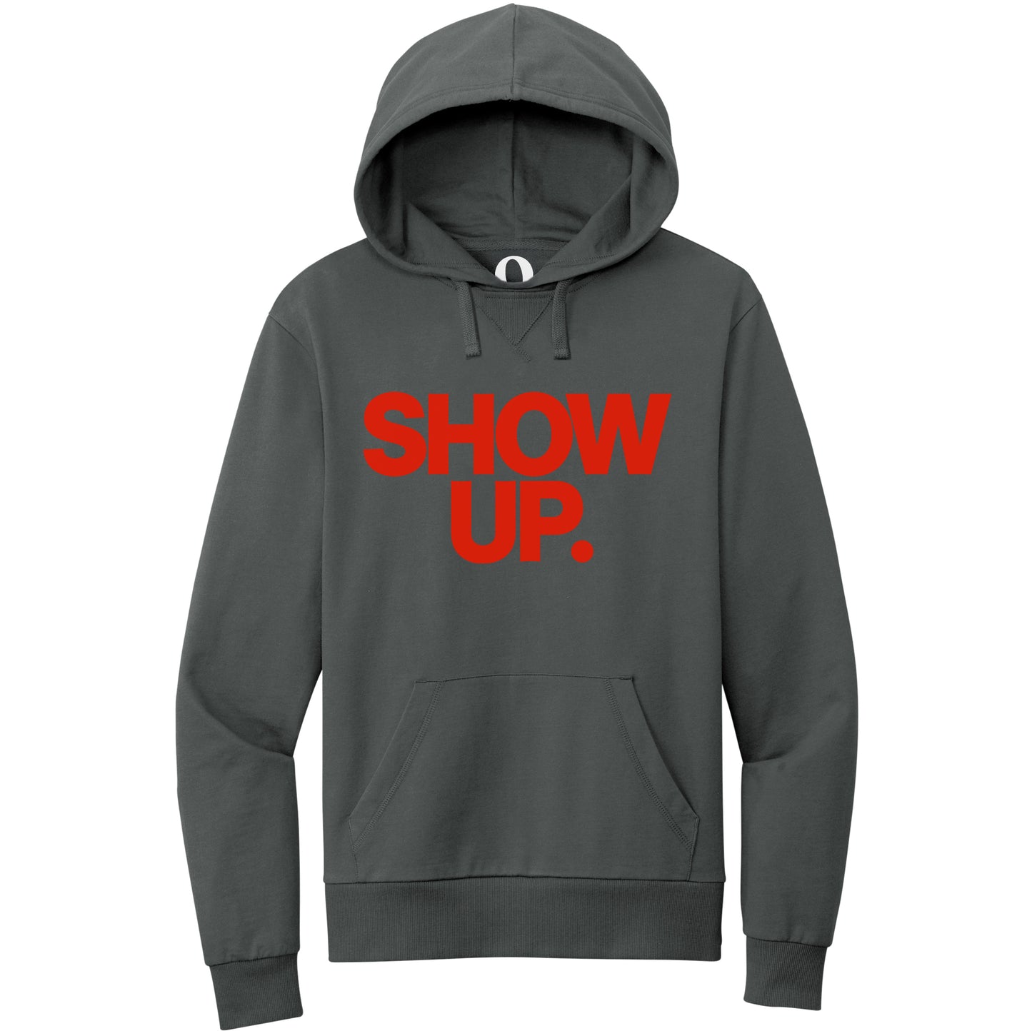 "Show up. Stand up. Suit up." Quorum Pullover Hoodie front print in Terrain Grey