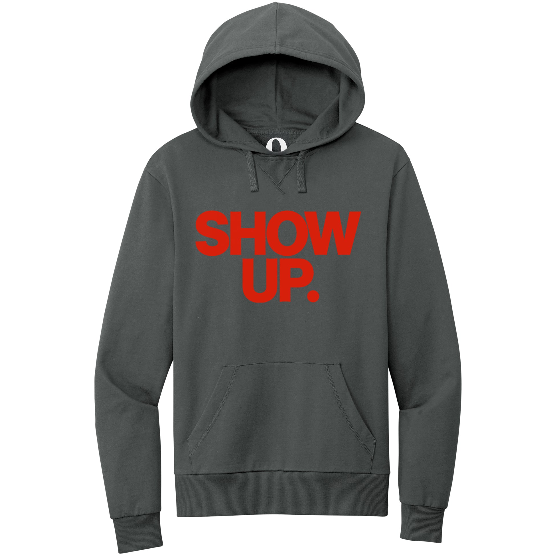 "Show up. Stand up. Suit up." Quorum Pullover Hoodie front print in Terrain Grey