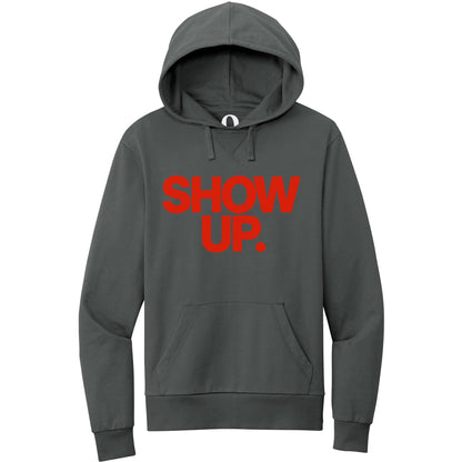 "Show up. Stand up. Suit up." Quorum Pullover Hoodie front print in Terrain Grey