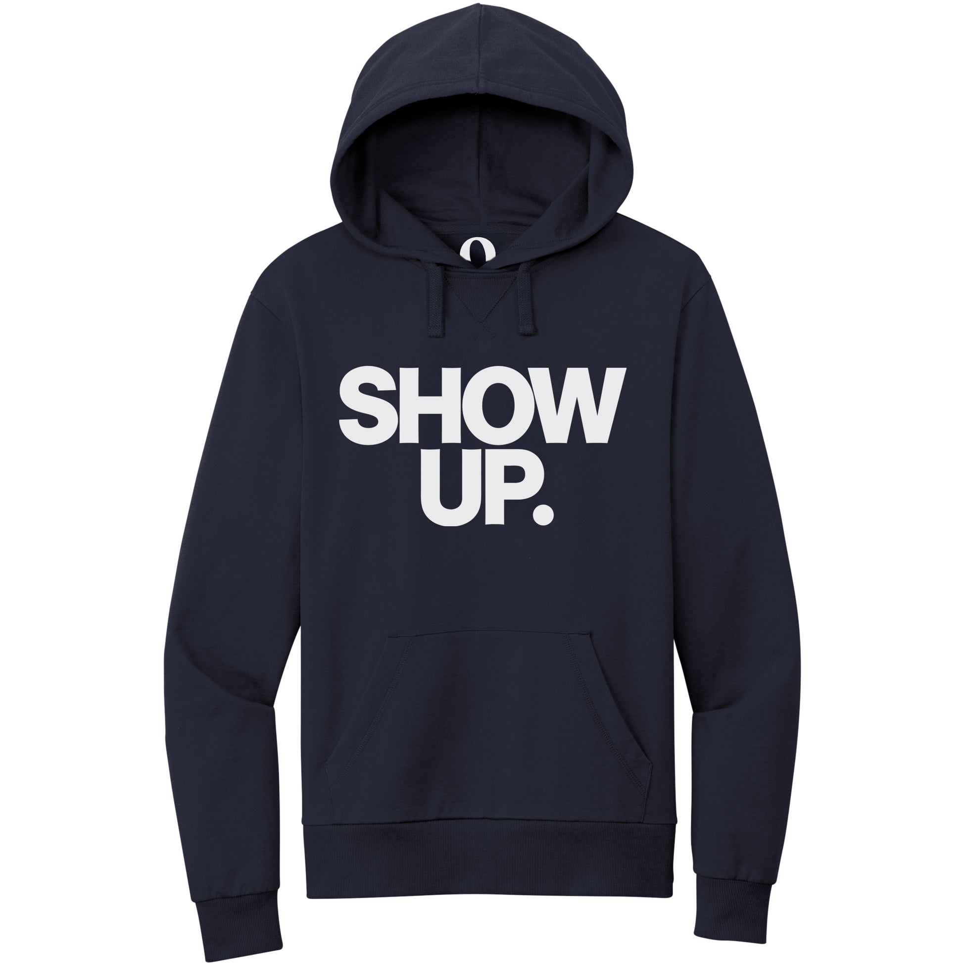 "Show up. Stand up. Suit up." Quorum Pullover Hoodie editorial print in Night Sky Navy