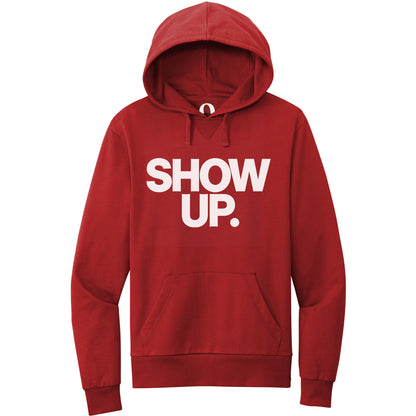 "Show up. Stand up. Suit up." Quorum Pullover Hoodie editorial print in Revolution Red