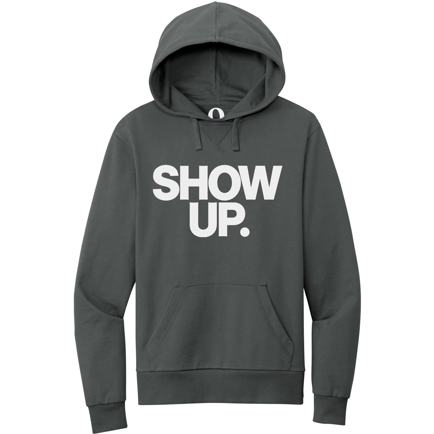 "Show up. Stand up. Suit up." Quorum Pullover Hoodie editorial print in Terrain Grey