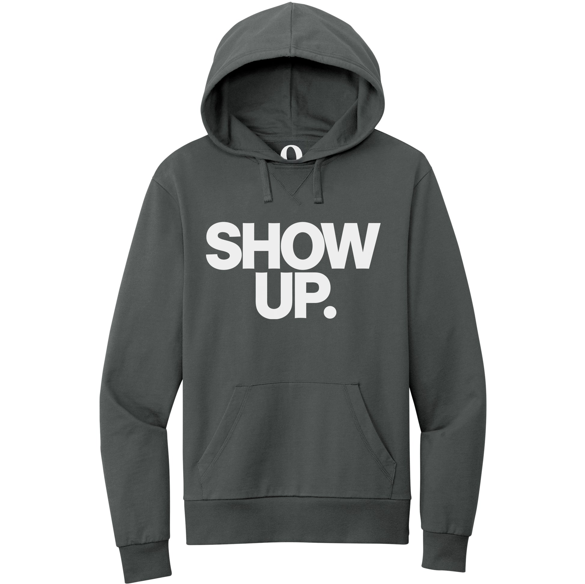 "Show up. Stand up. Suit up." Quorum Pullover Hoodie editorial print in Terrain Grey