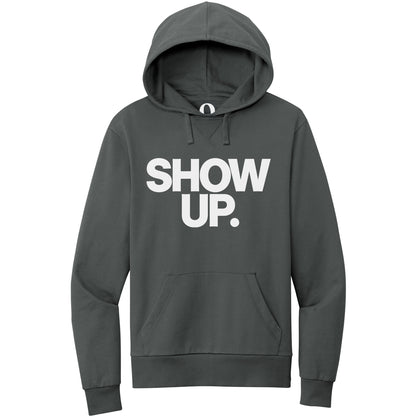 "Show up. Stand up. Suit up." Quorum Pullover Hoodie editorial print in Terrain Grey