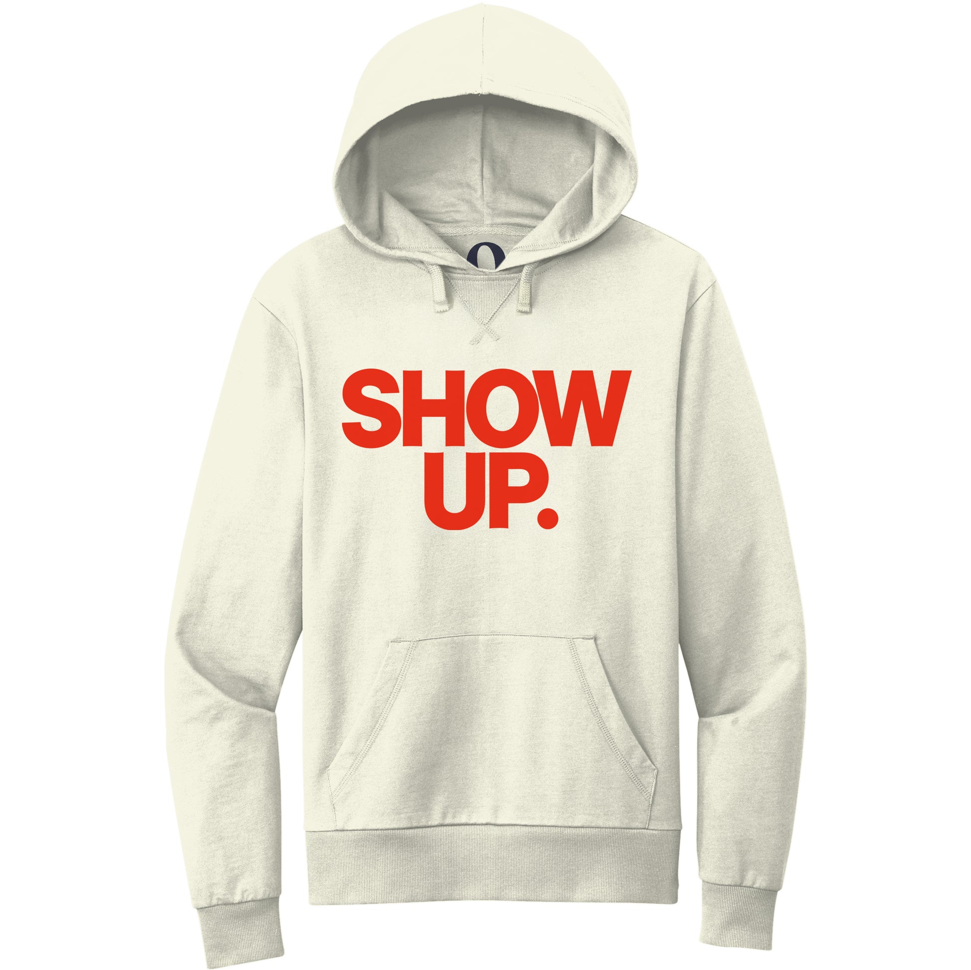 "Show up. Stand up. Suit up." Quorum Pullover Hoodie front print in White Sand