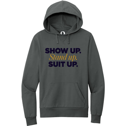 "Show Up." Quorum Pullover Hoodie front print in Terrain Grey