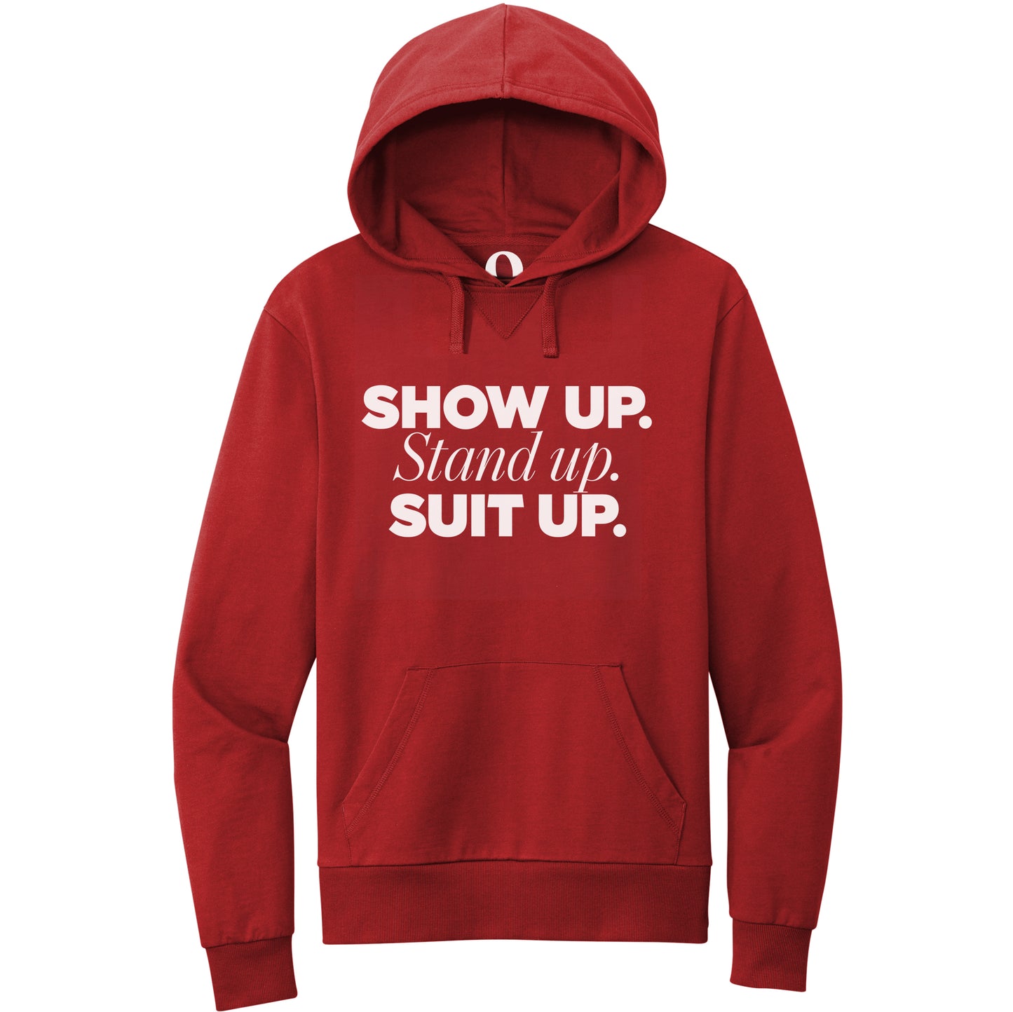 "Show Up." Quorum Pullover Hoodie editorial print in Revolution Red
