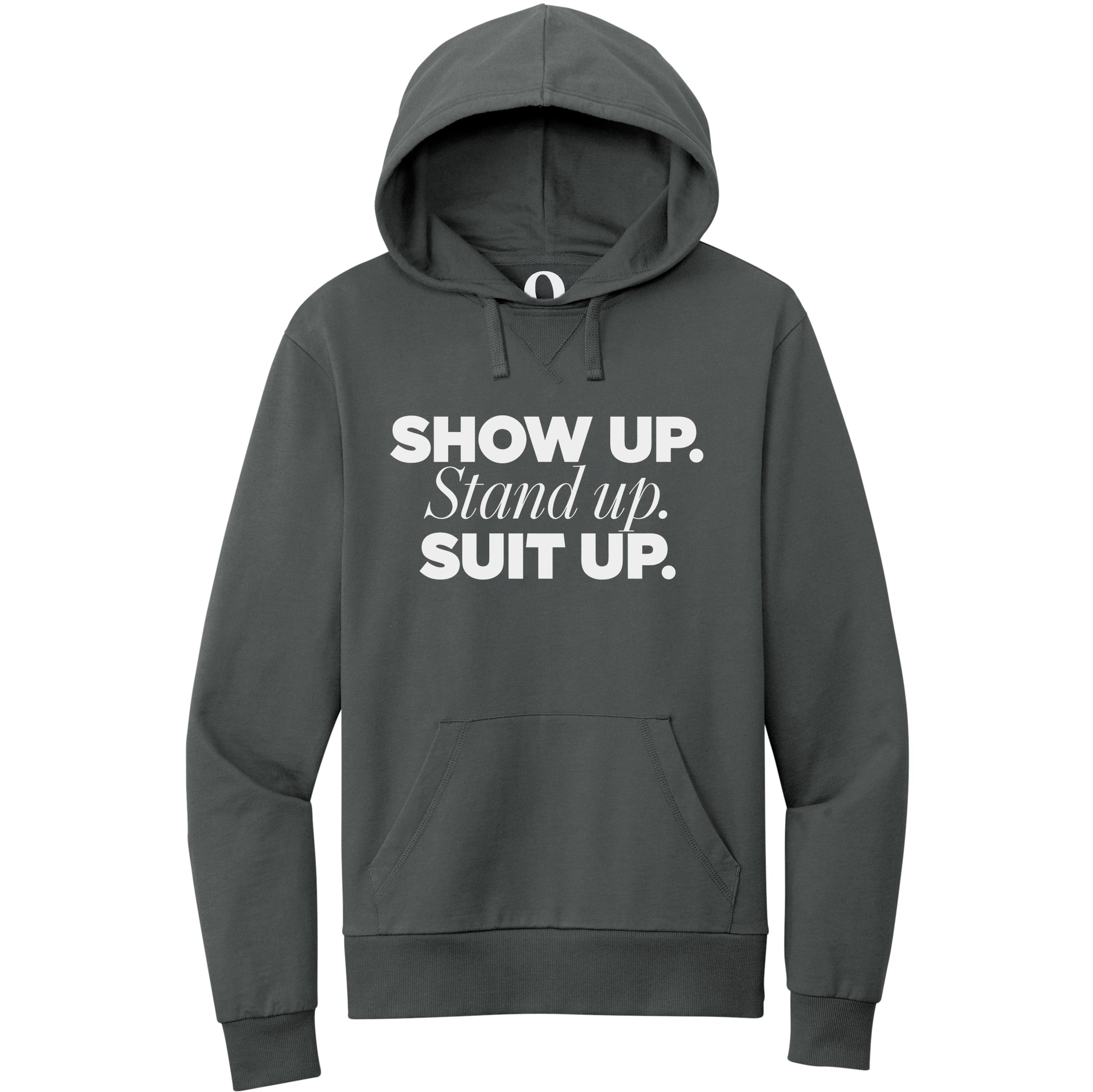 "Show Up." Quorum Pullover Hoodie editorial print in Terrain Grey