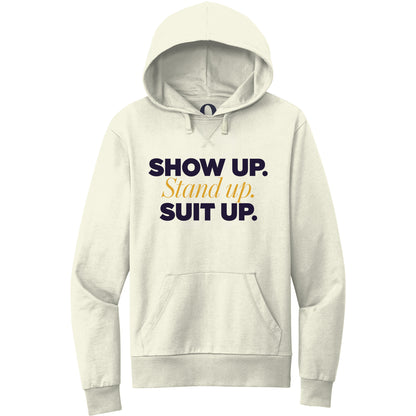 "Show Up." Quorum Pullover Hoodie front print in White Sand