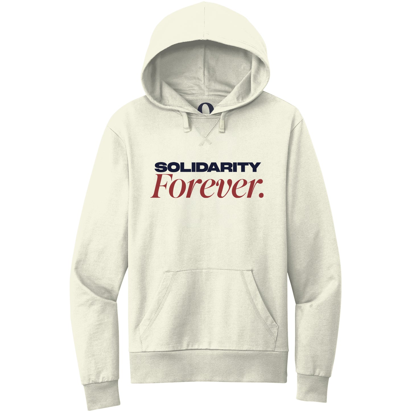 "Solidarity Forever." Quorum Pullover Hoodie front print in White Sand