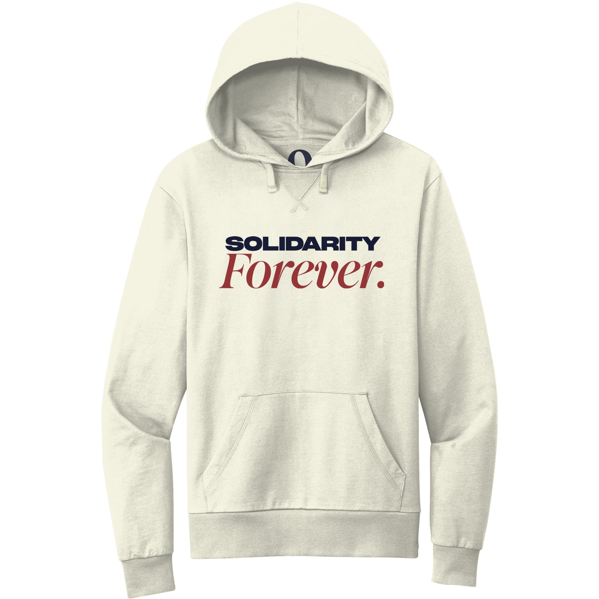 "Solidarity Forever." Quorum Pullover Hoodie front print in White Sand
