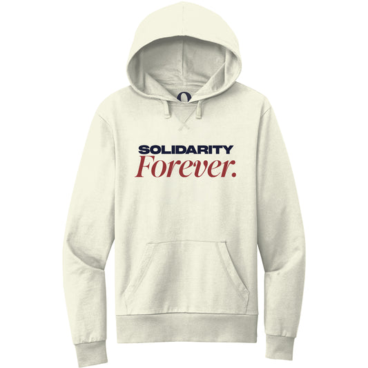 "Solidarity Forever." Quorum Pullover Hoodie front print in White Sand