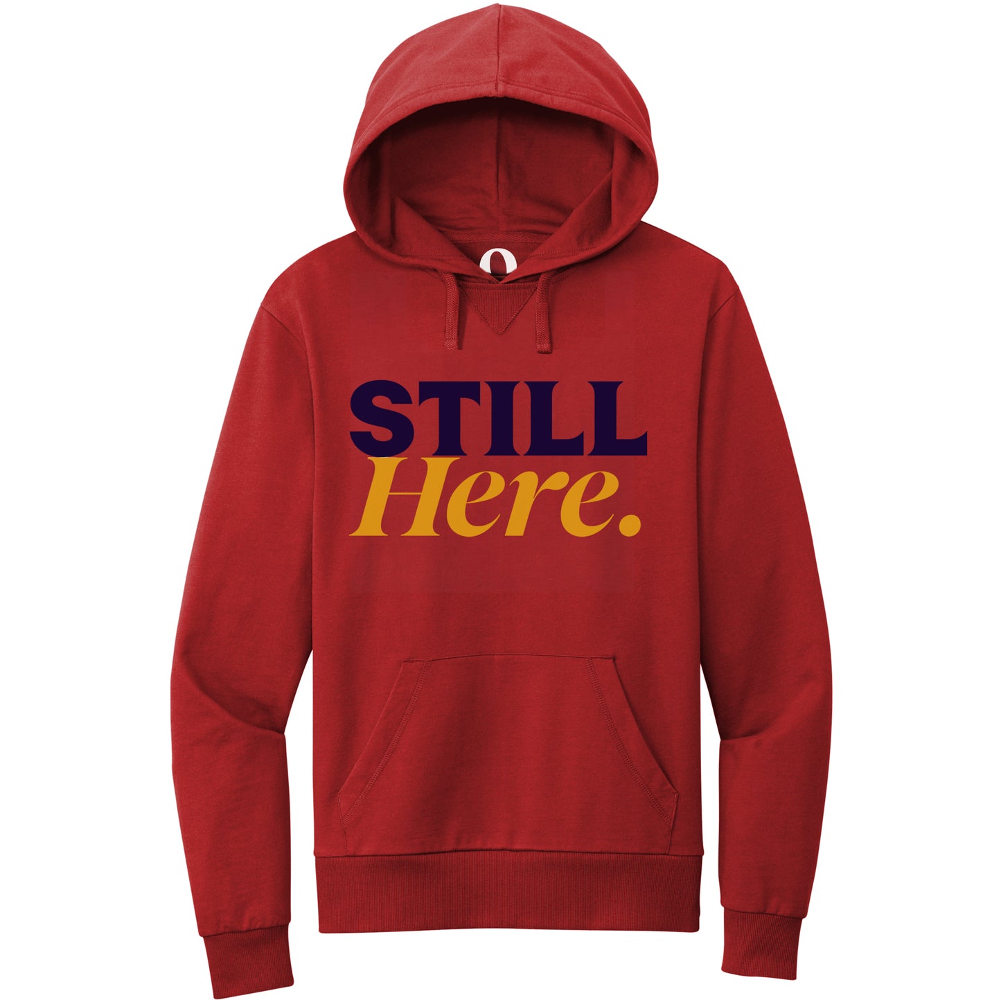 "Still Here." Quorum Pullover Hoodie front print in Revolution Red