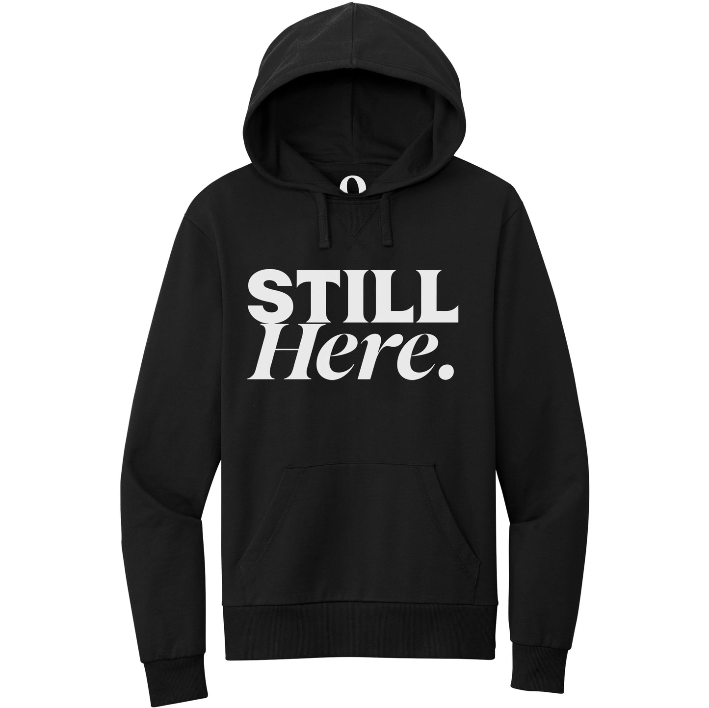 "Still Here." Quorum Pullover Hoodie editorial print in Deep Black