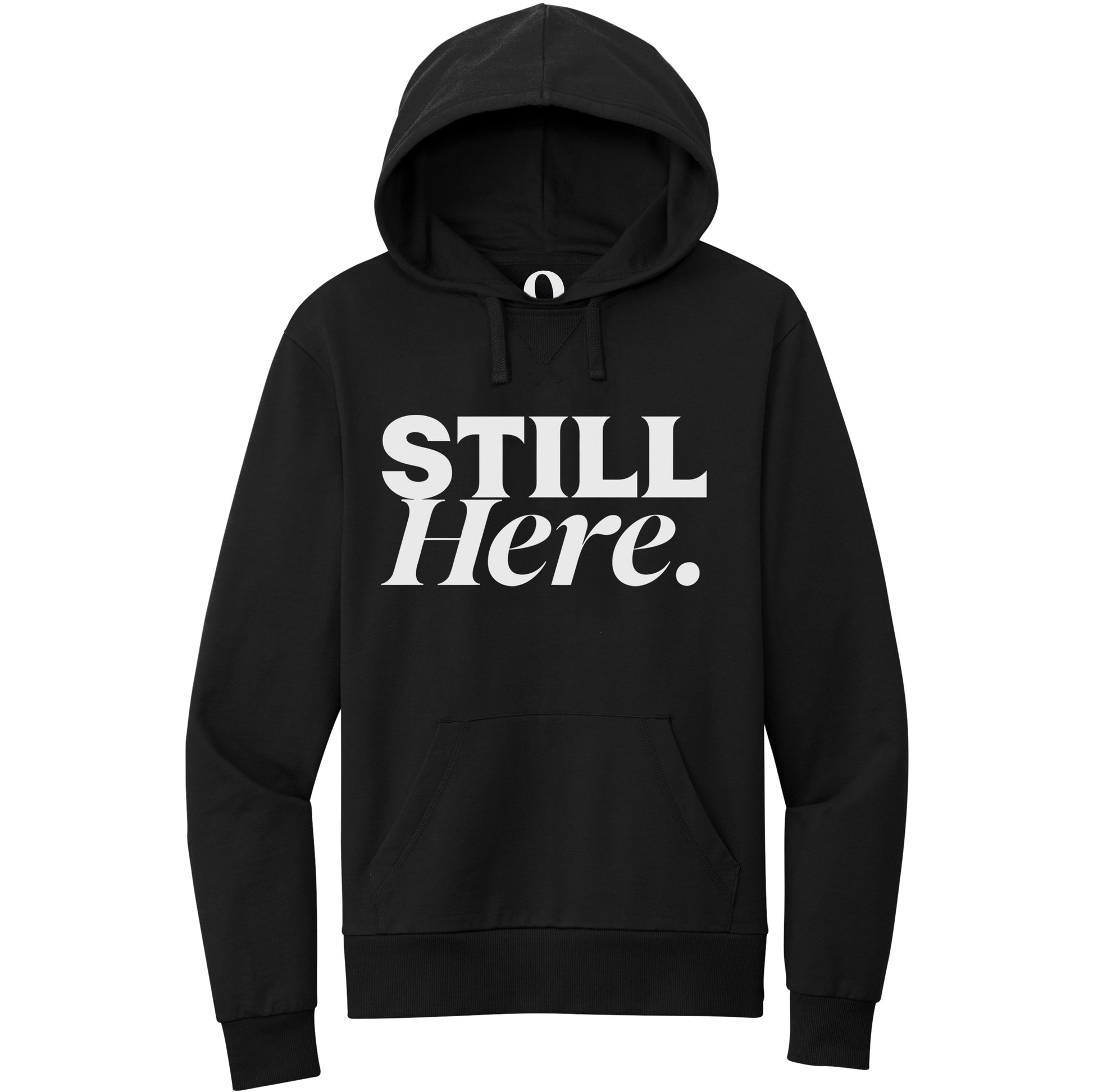 "Still Here." Quorum Pullover Hoodie editorial print in Deep Black