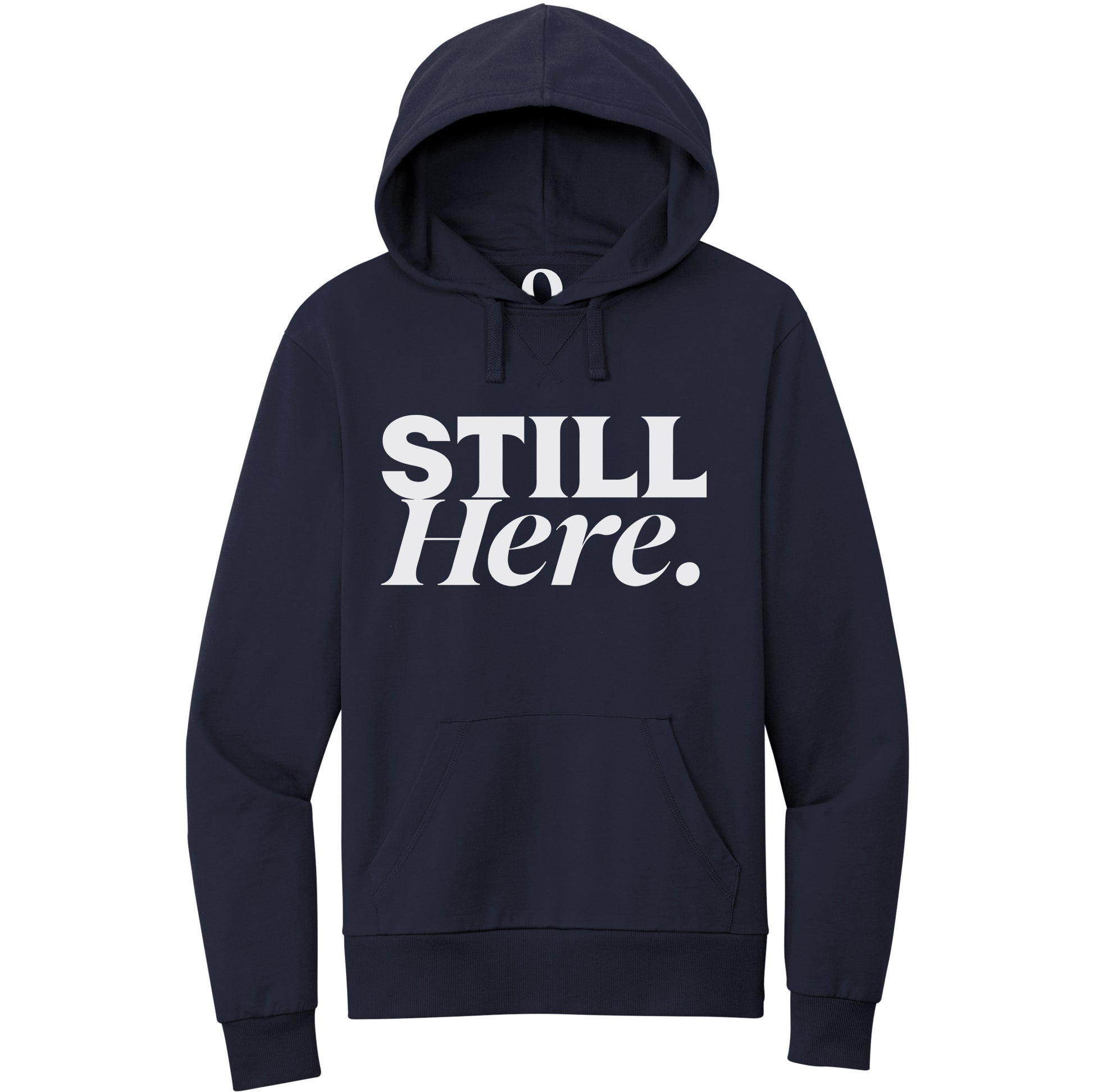 "Still Here." Quorum Pullover Hoodie editorial print in Night Sky Navy