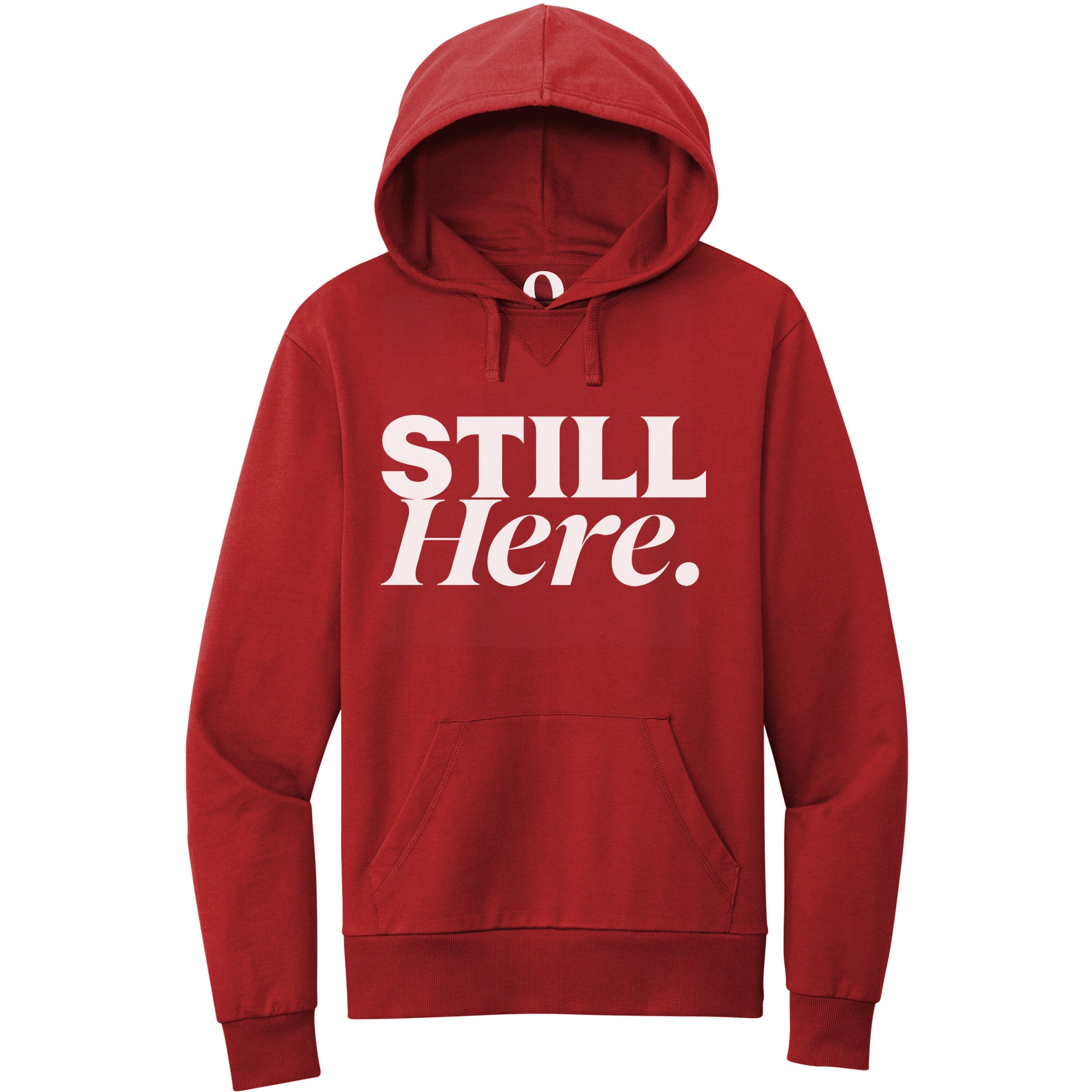 "Still Here." Quorum Pullover Hoodie editorial print in Revolution Red