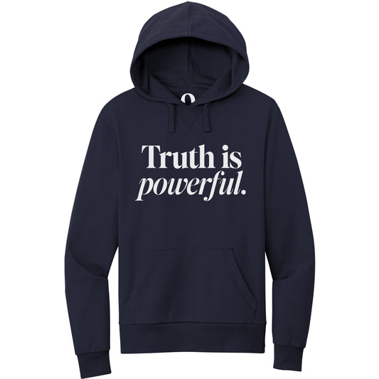 "Truth is powerful." Quorum Pullover Hoodie editorial print in Night Sky Navy