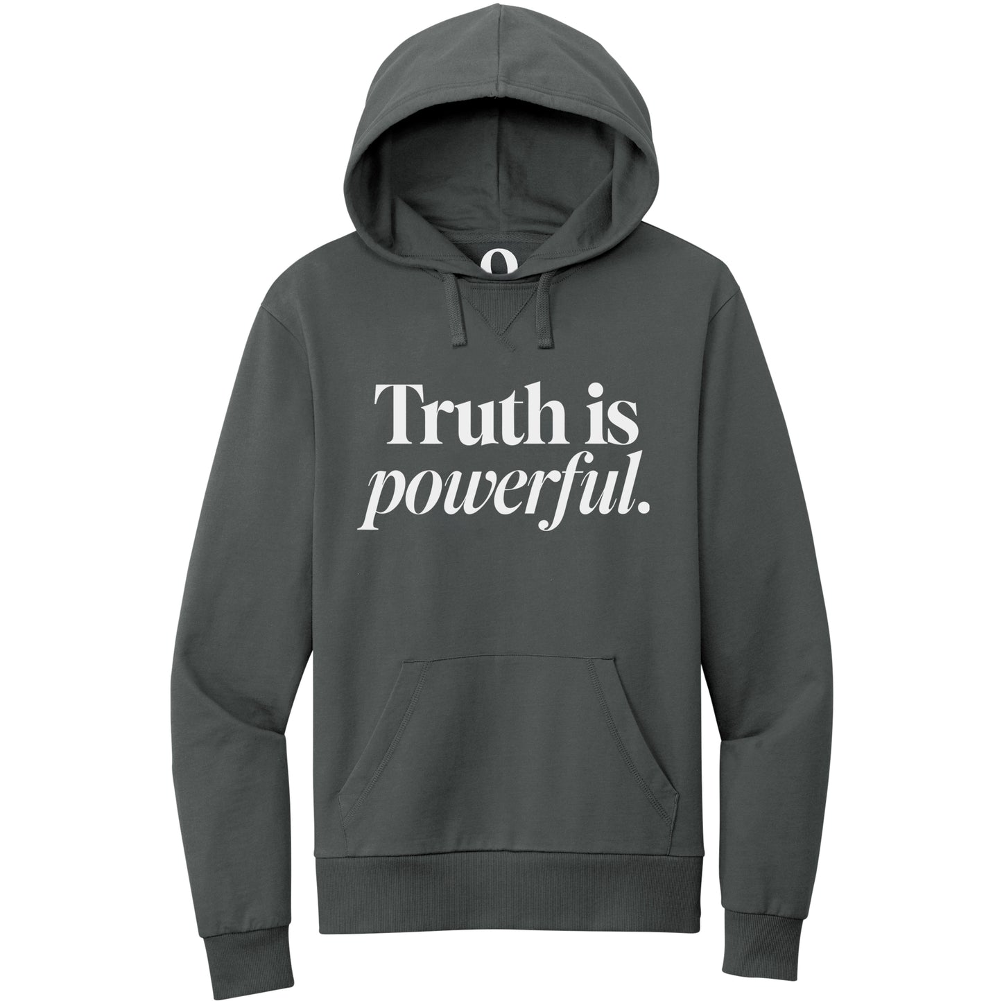 "Truth is powerful." Quorum Pullover Hoodie editorial print in Terrain Grey