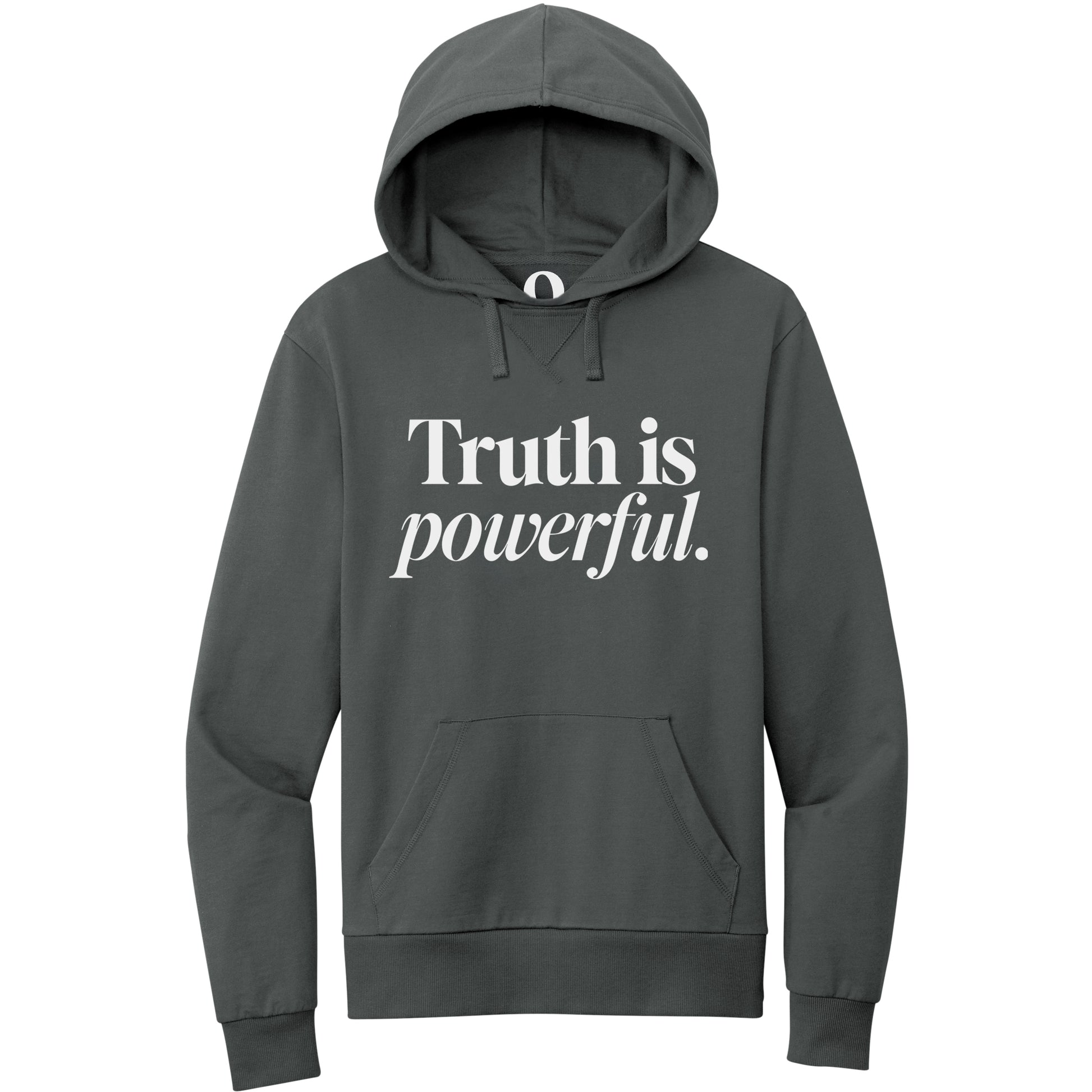 "Truth is powerful." Quorum Pullover Hoodie editorial print in Terrain Grey