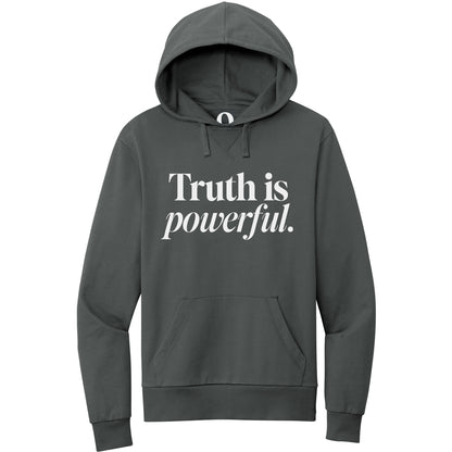 "Truth is powerful." Quorum Pullover Hoodie editorial print in Terrain Grey