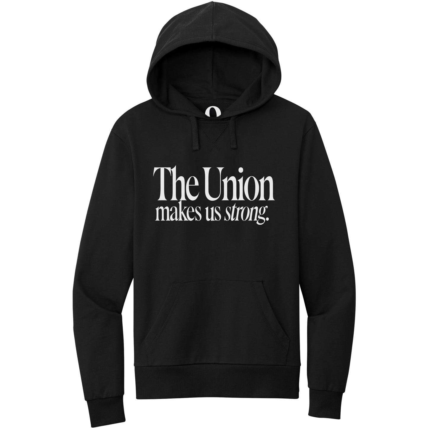 "The Union makes us strong." Quorum Pullover Hoodie editorial print in Deep Black