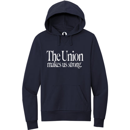 "The Union makes us strong." Quorum Pullover Hoodie editorial print in Night Sky Navy