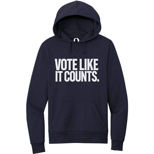 "Vote like it counts." Quorum Pullover Hoodie editorial print in Night Sky Navy
