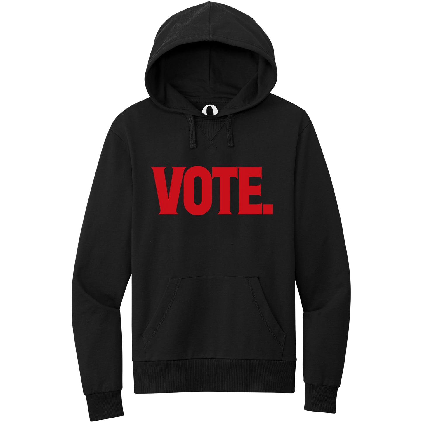 "Vote." Quorum Pullover Hoodie front print in Deep Black