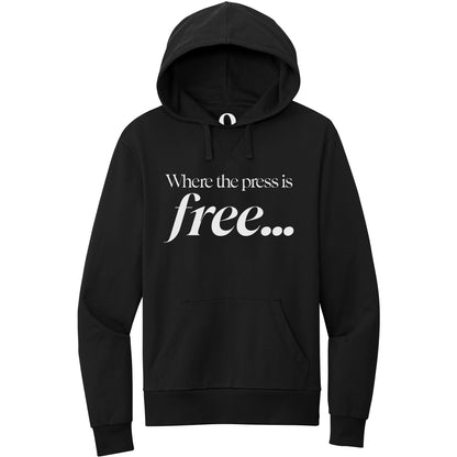 "Where the press is free." Quorum Pullover Hoodie editorial print in Deep Black
