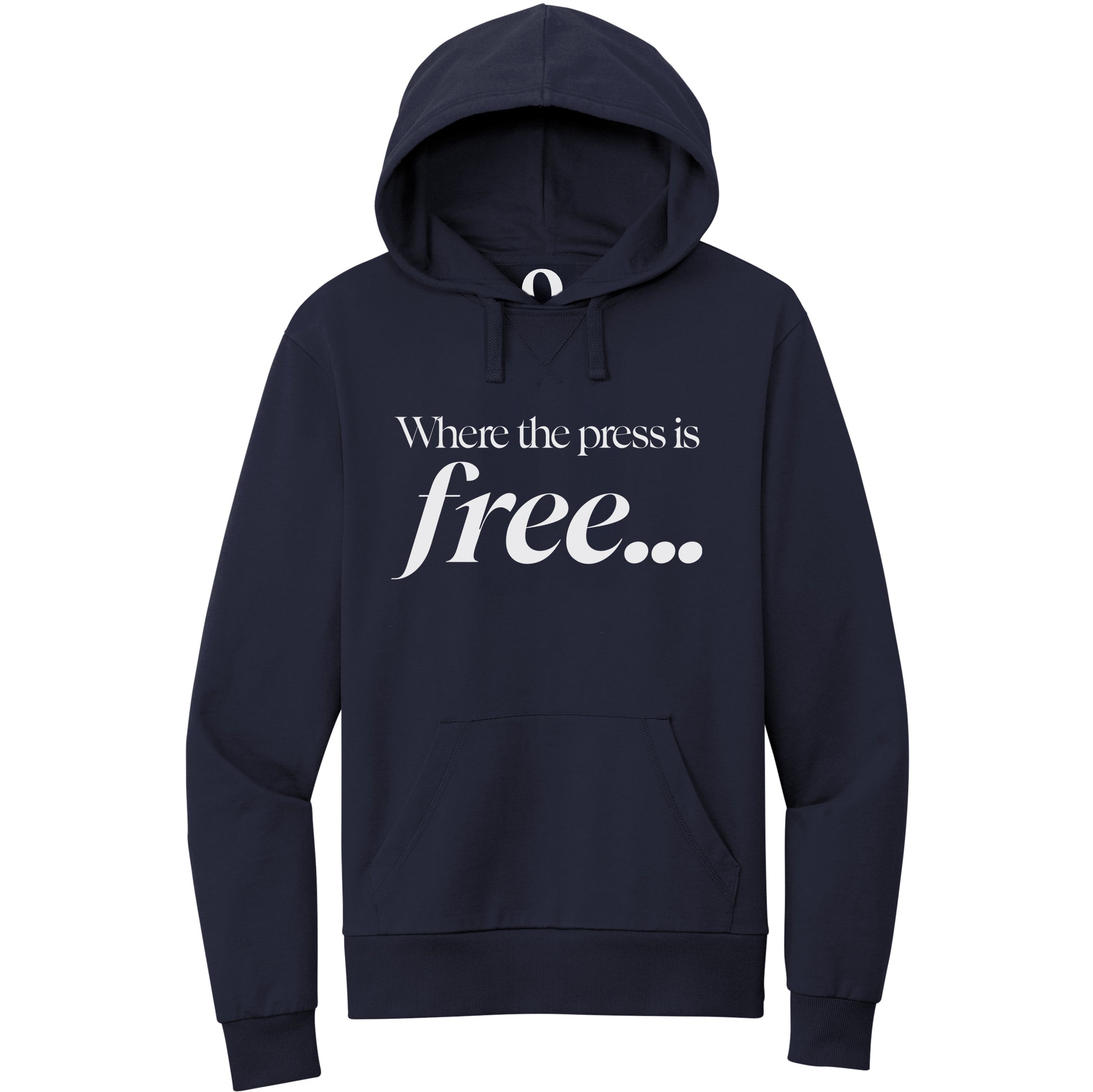 "Where the press is free." Quorum Pullover Hoodie editorial print in Night Sky Navy