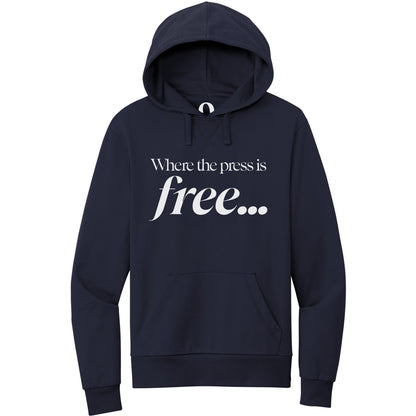 "Where the press is free." Quorum Pullover Hoodie editorial print in Night Sky Navy