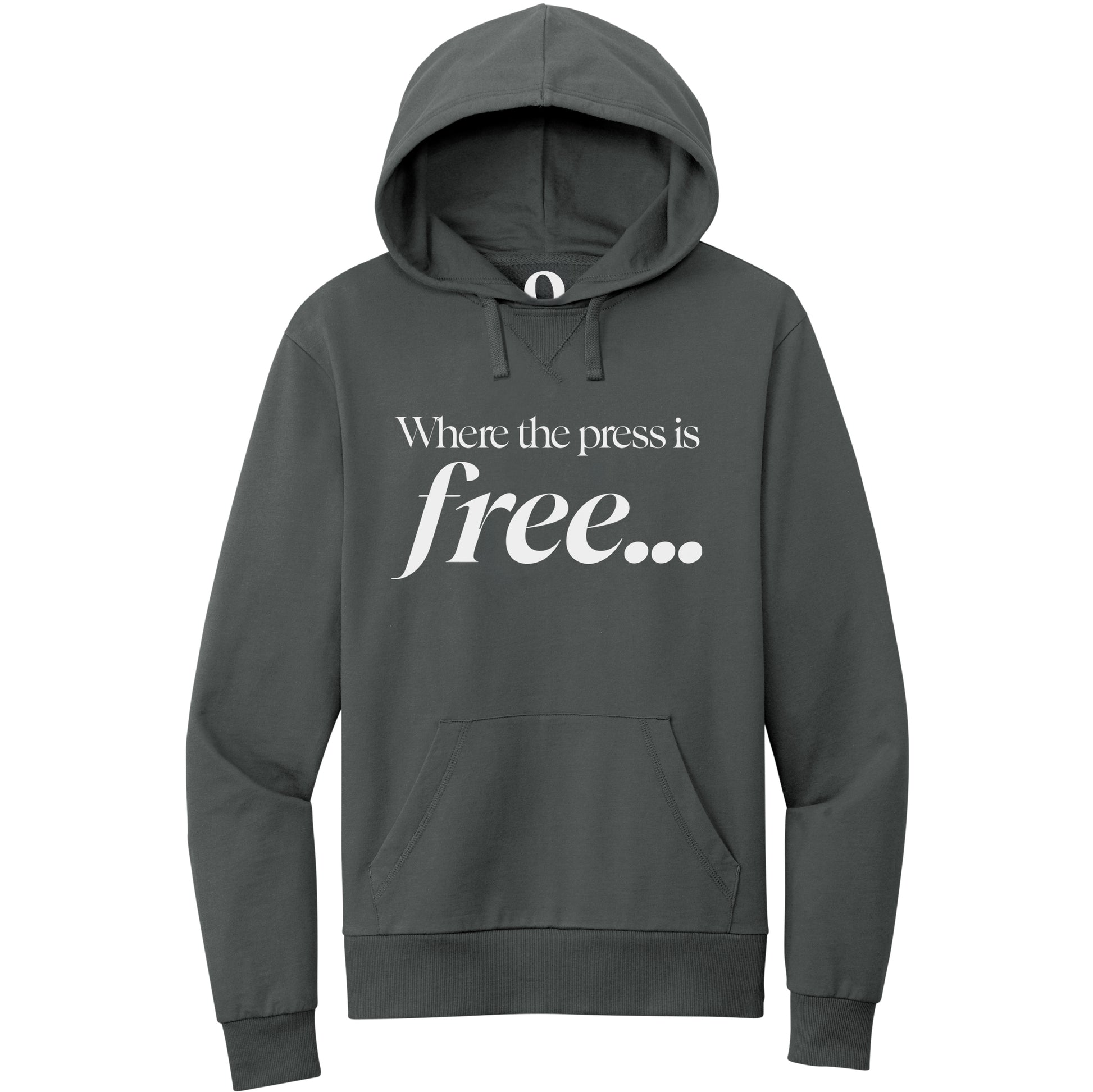 "Where the press is free." Quorum Pullover Hoodie editorial print in Terrain Grey
