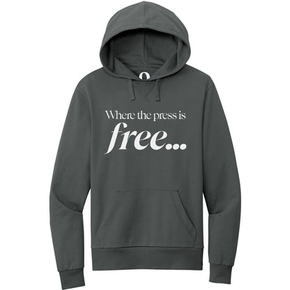 "Where the press is free." Quorum Pullover Hoodie editorial print in Terrain Grey