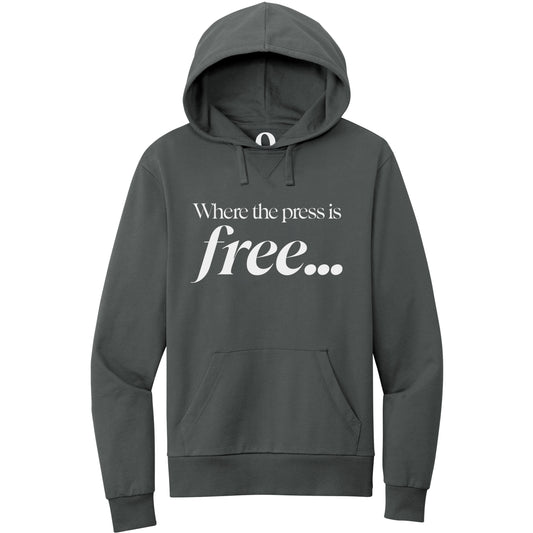 "Where the press is free." Quorum Pullover Hoodie editorial print in Terrain Grey