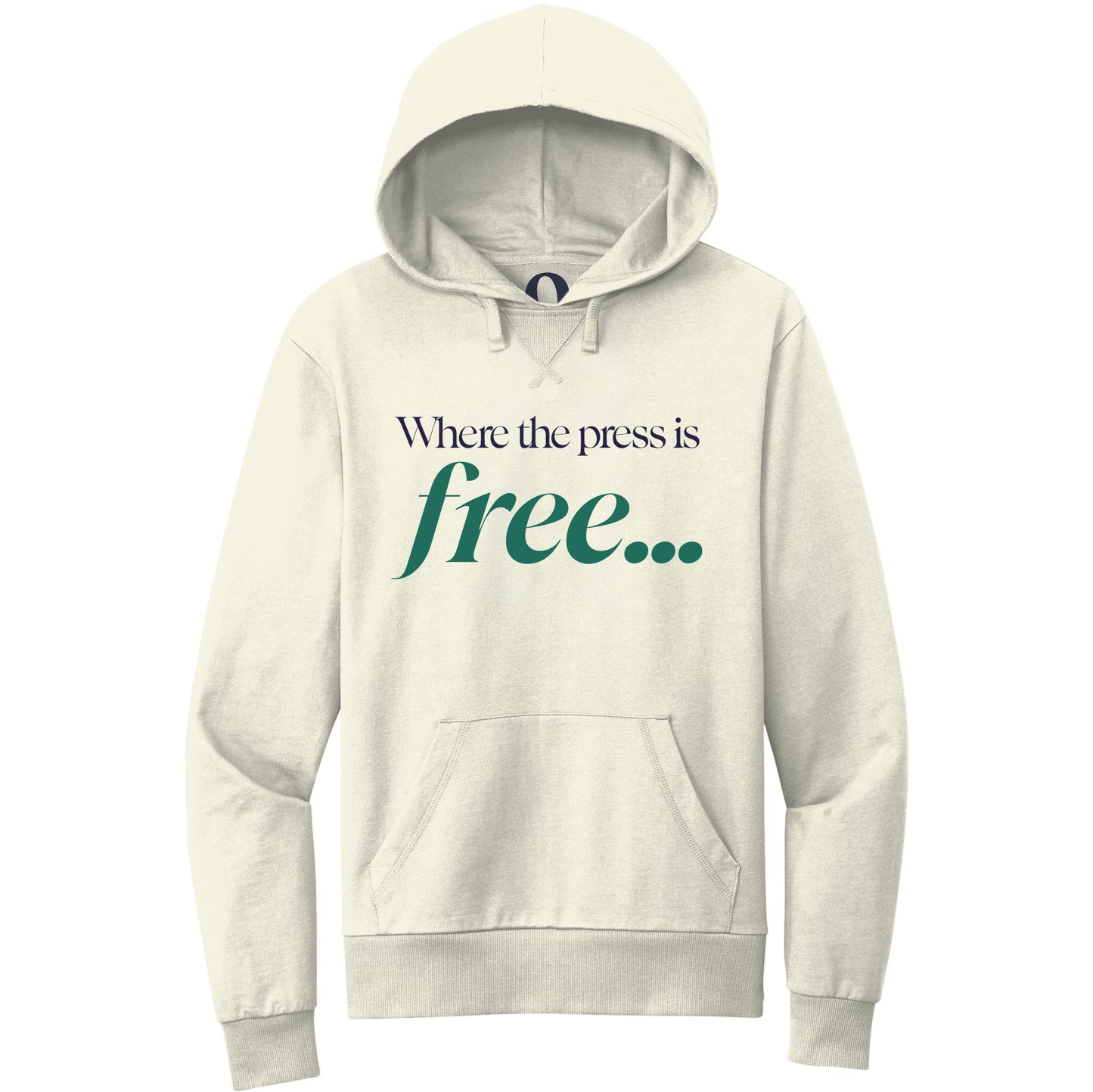 "Where the press is free." Quorum Pullover Hoodie front print in White Sand